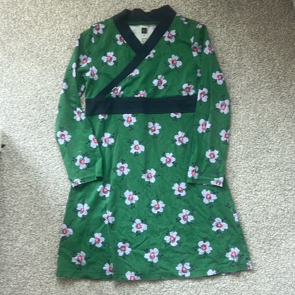 Tea Collection Girls Long Skeeve Knit Dress- Green/Navy/Purple Floral Size 6